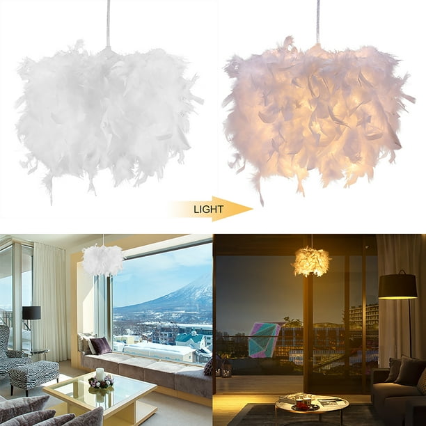 Faux Feather Easy Fit Ceiling Pendant Light Shade Living Room Lampshade LED Bulb
